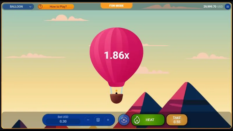 Balloon de Spribe en vuelo: multiplicador 1,86x, cobro posible a 0,55 USD por 0,30 USD apostados