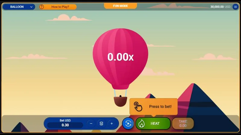 Écran d’accueil de la démo Balloon de Spribe : montgolfière à 0,00x, mise de 0,30 USD, bouton HEAT