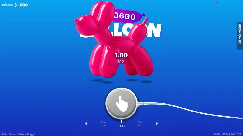 Écran d’accueil de la démo Balloon Doggo : chien-ballon rose, mise de 1 USD, pompe reliée au ballon, solde fictif de 1 000 $