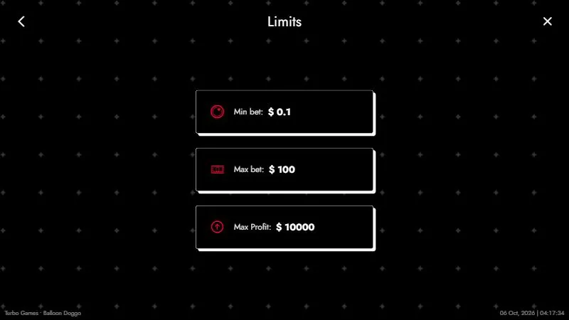 Limites de la démo Balloon Doggo : mise de 0,10 $ à 100 $, profit plafonné à 10 000 $