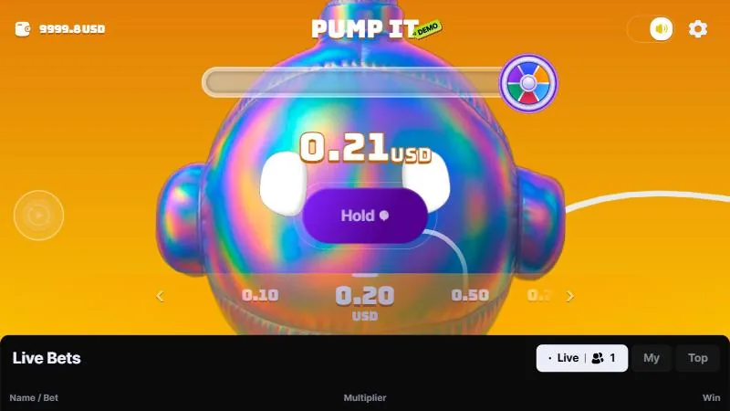 Pump It pendant la tenue du bouton : le ballon grossit, 0,20 USD misé vaut 0,21 USD