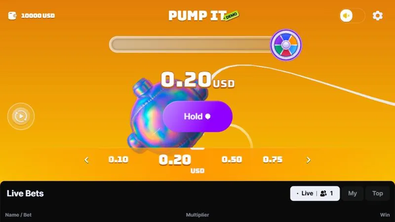 Écran d’accueil de la démo Pump It : ballon holographique, mise de 0,20 USD, bouton Hold, barre de bonus vide
