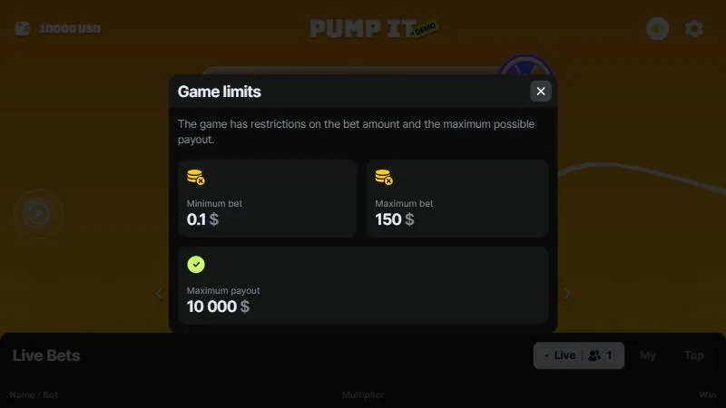 Limites de la démo Pump It : mise de 0,10 $ à 150 $, paiement plafonné à 10 000 $